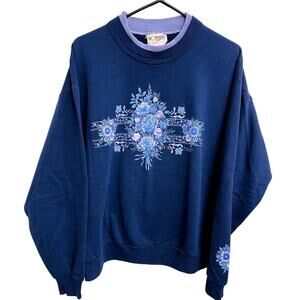 Vintage Morning Sun‎ Navy Purple Floral Grandma Crewneck Sweater Size L